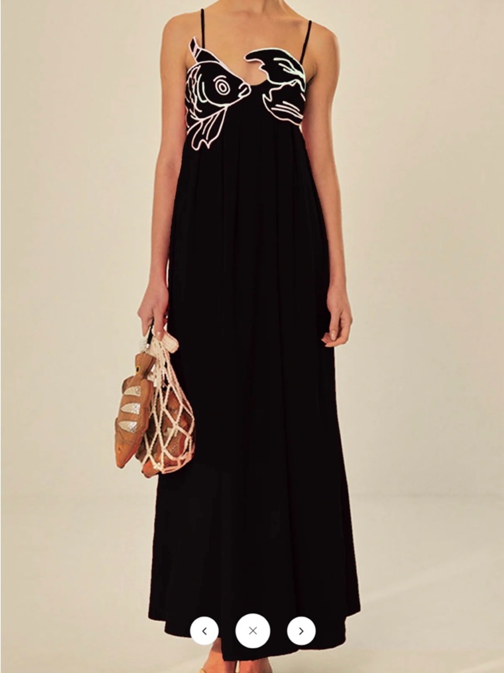 Commense Embroidered Fish Spaghetti-Strap Black Dress Large